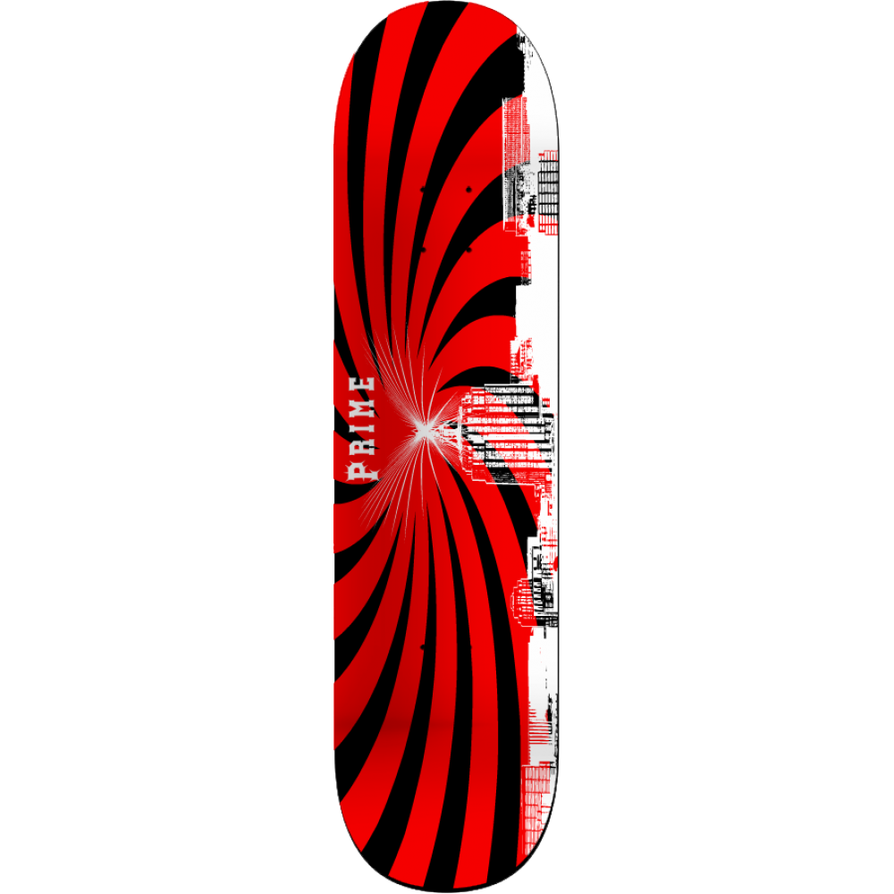 Black and red spiral with city graphic