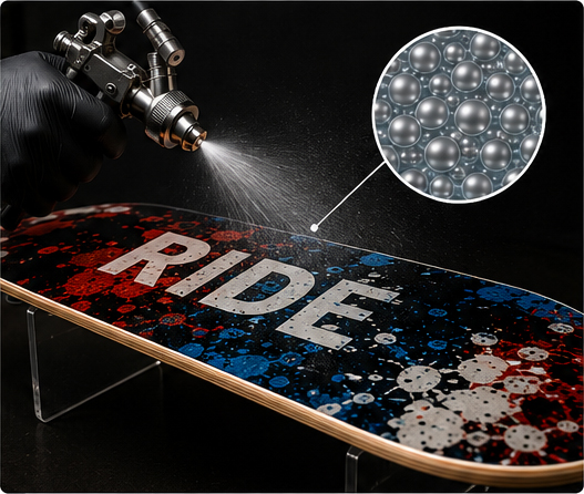 Microsphere water based protective coating applied over a custom printed skateboard graphic