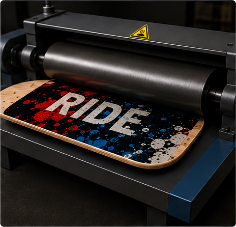 Custom skateboard graphic being applied with heat transfer printing equipment